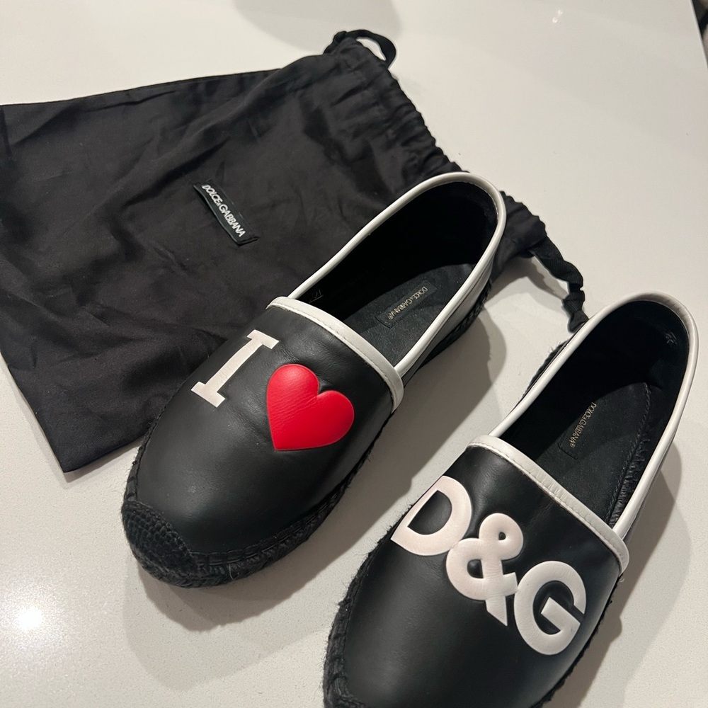 Dolce & Gabbana Black Espadrilles with Red Heart and Logo